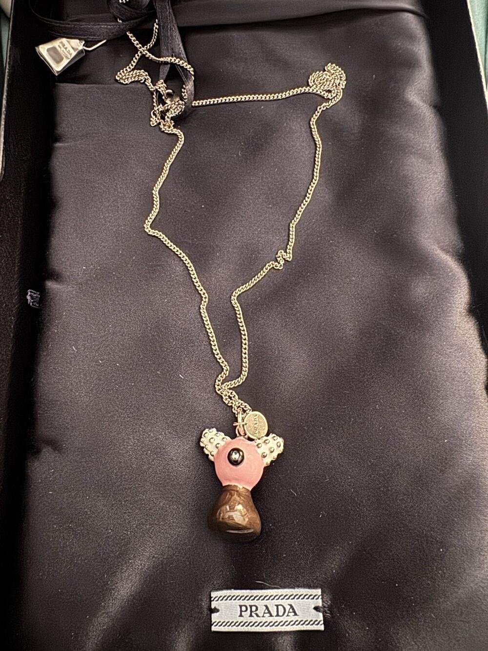 Prada Animalia Jewels Necklace Pink Brown Enamel Pendant w/ Box